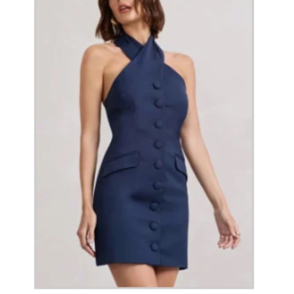 Dani | Navy Halter Neck Tailored Buttoned Bodycon Mini Dress - Picture 1 of 4